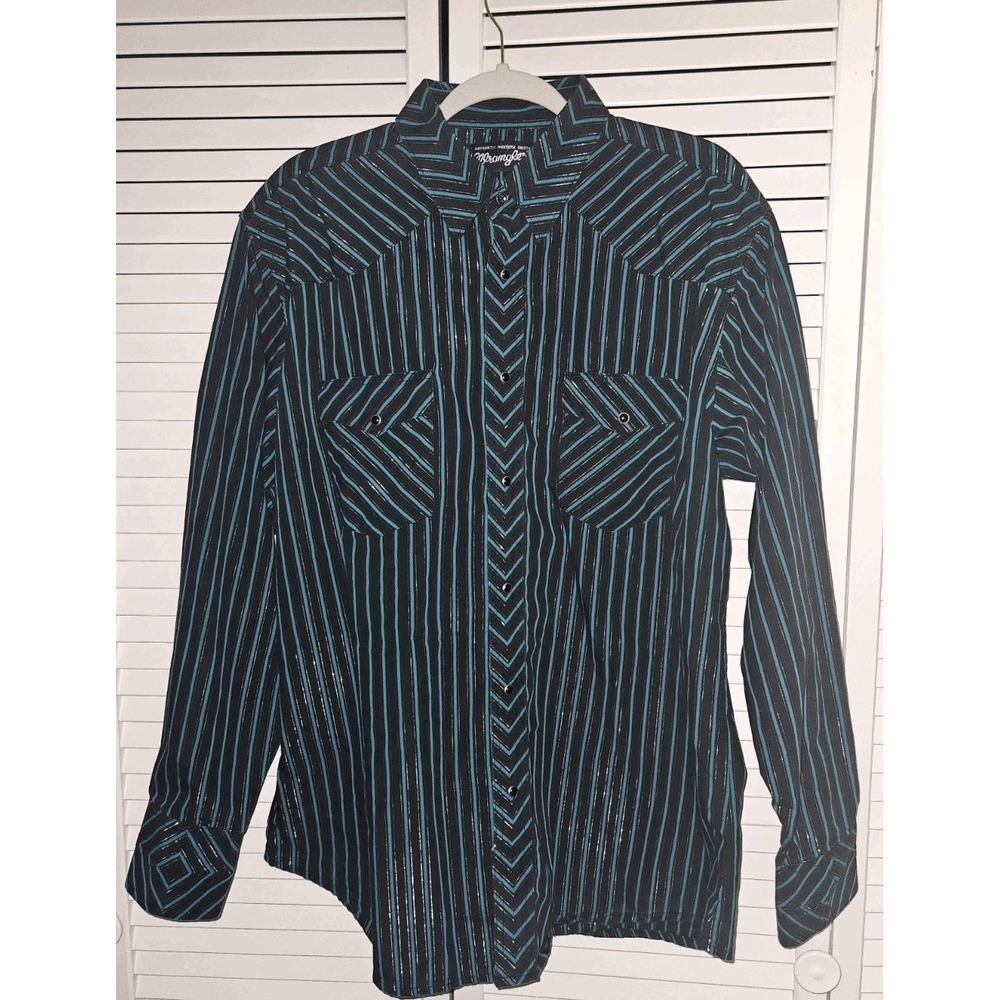 Vintage Wrangler Western Pearl Snap Teal Metallic Striped Shirt Men's XL 🐎